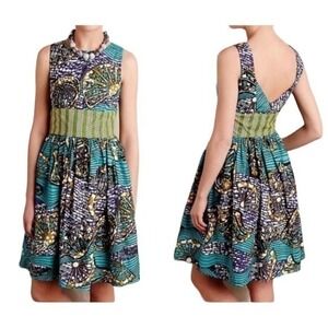 Millie Collines African Wax Tropical Jungle Green Sleeveless Dress Pockets Sz 4